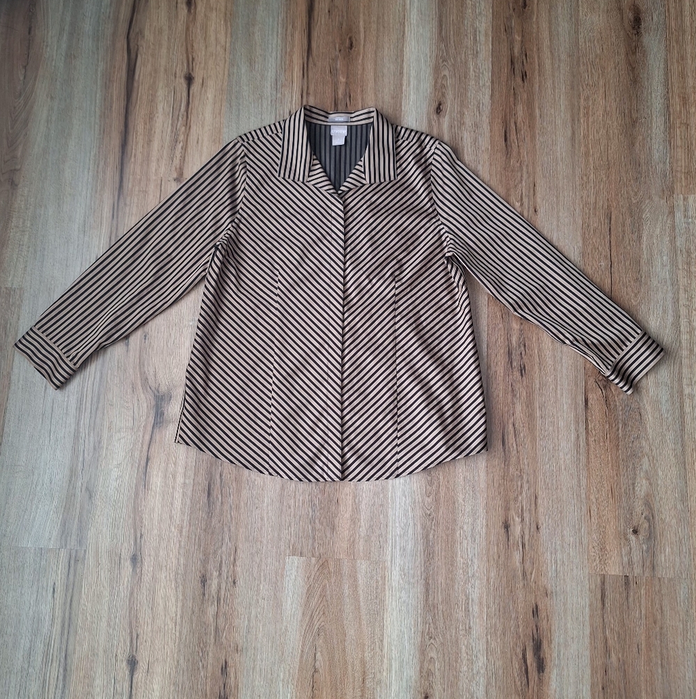 Chico's Size 2 US 12/14 Large No-Iron Sateen Striped Black Tan Wing-Collar Shirt